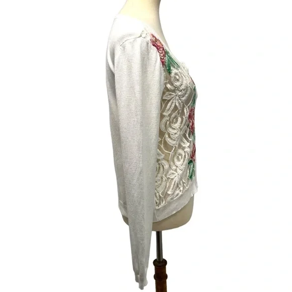 Agua Bendita White Embroidered Floral Lace Button Front Cardigan Sweater Large - Picture 7 of 14